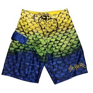 Y2K Da Hui Board Shorts Size 30 Ombre Fish Scales Surf Swimwear Baggy